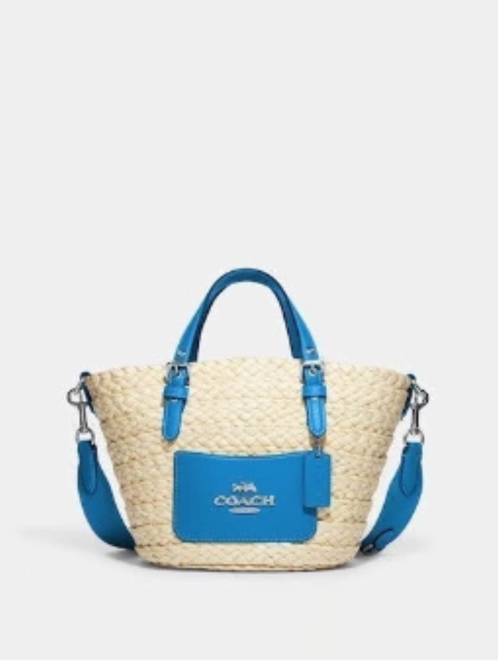 Coach Natural Straw Tote with Bright Blue Leather Trim
